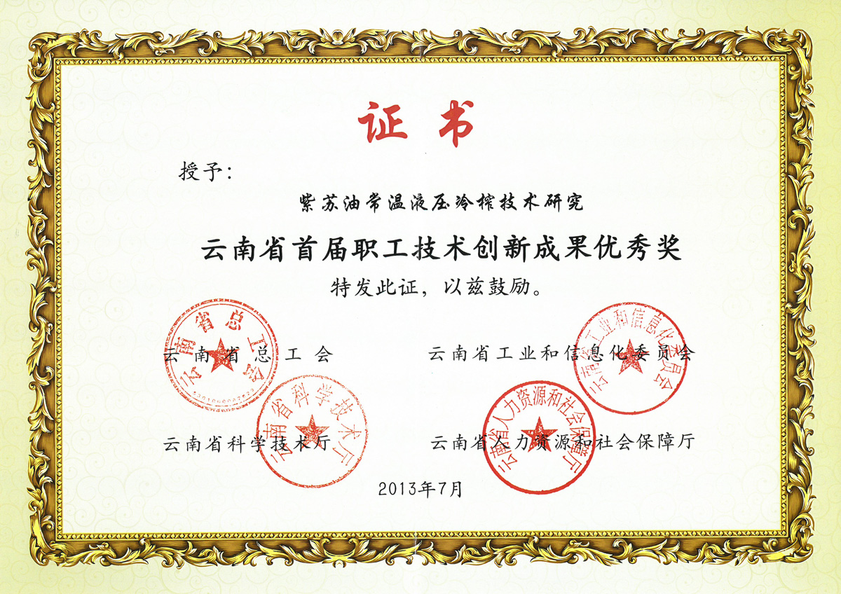 云南省首屆職工技術(shù)創(chuàng  )新成果優(yōu)秀獎
